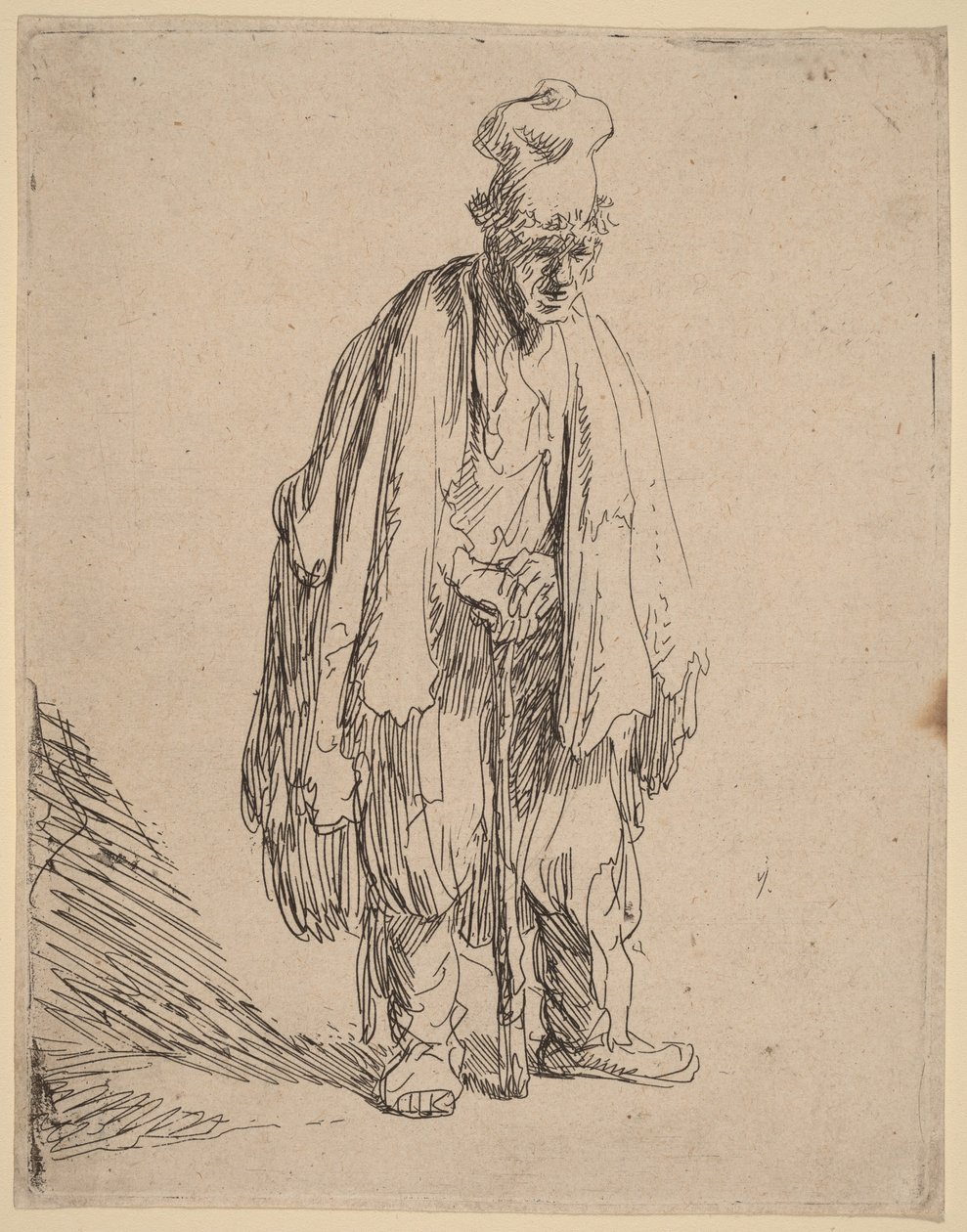 Beggar in a High Cap, Standing and Leaning on a Stick by Rembrandt van Rijn