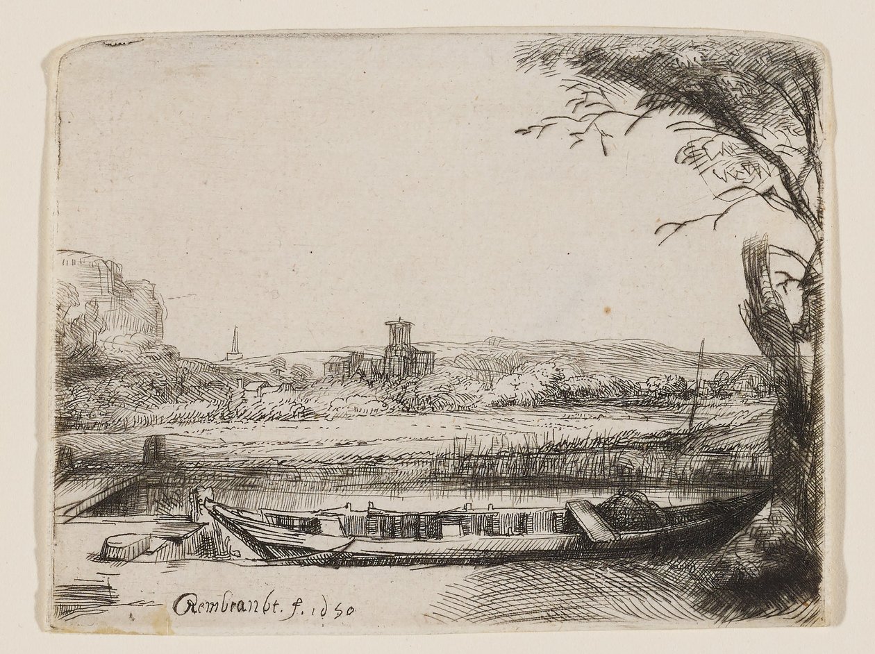 Canal with a Large Boat and Bridge by Rembrandt van Rijn