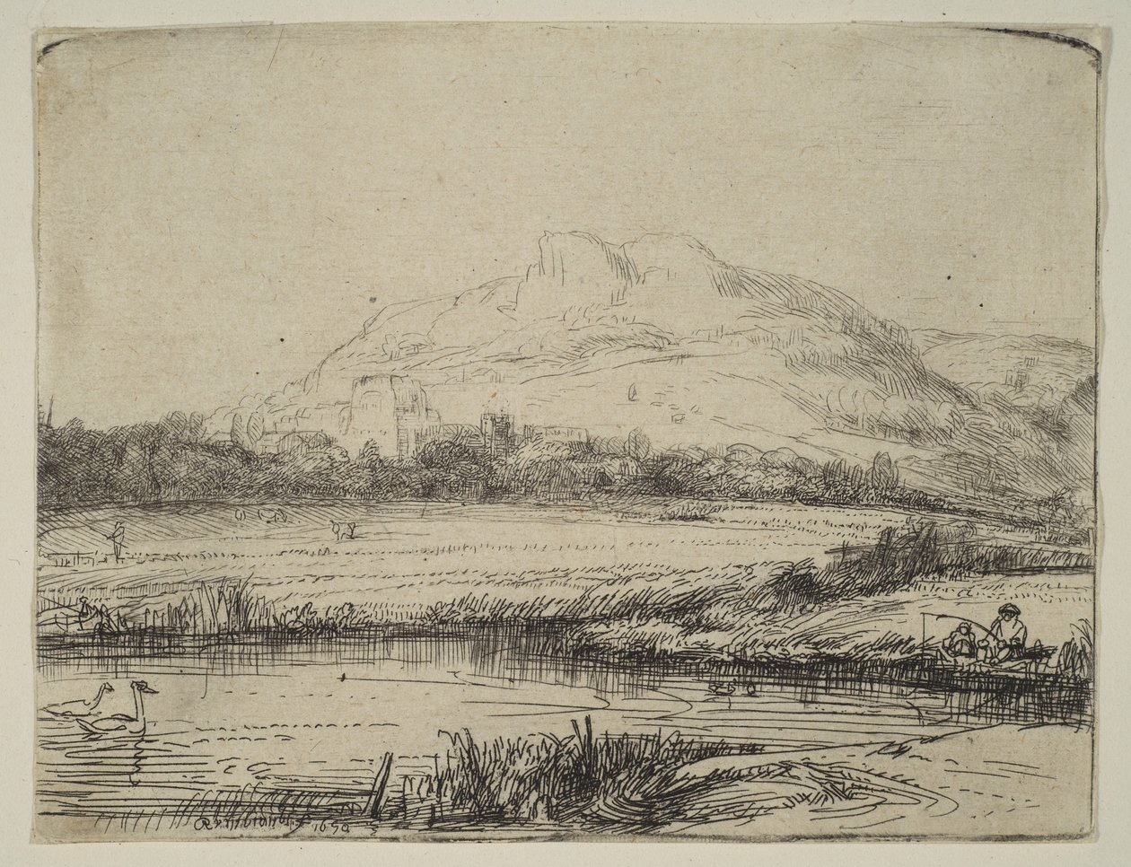 Canal with an Angler and Two Swans by Rembrandt van Rijn