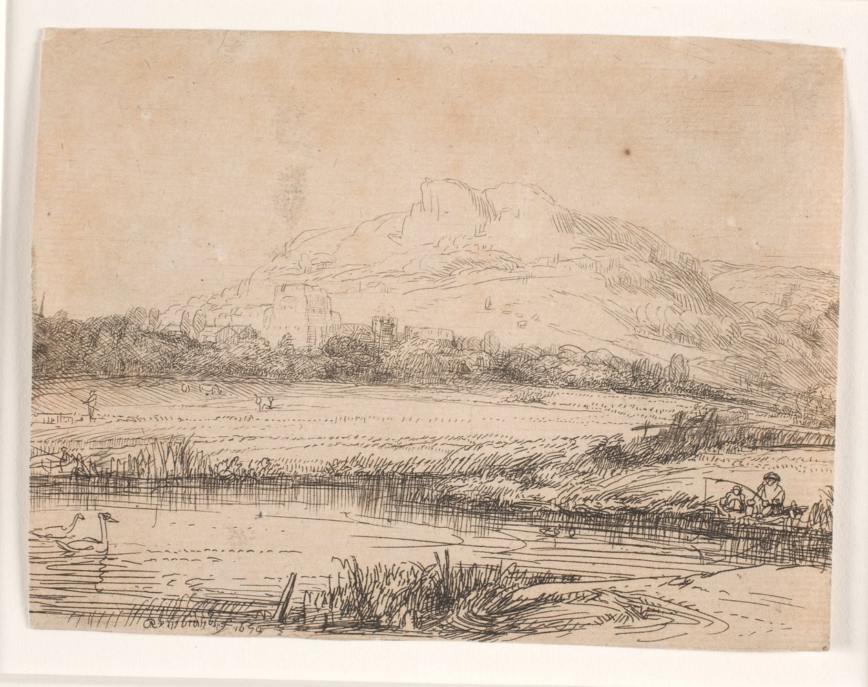 Canal with an Angler and Two Swans by Rembrandt van Rijn