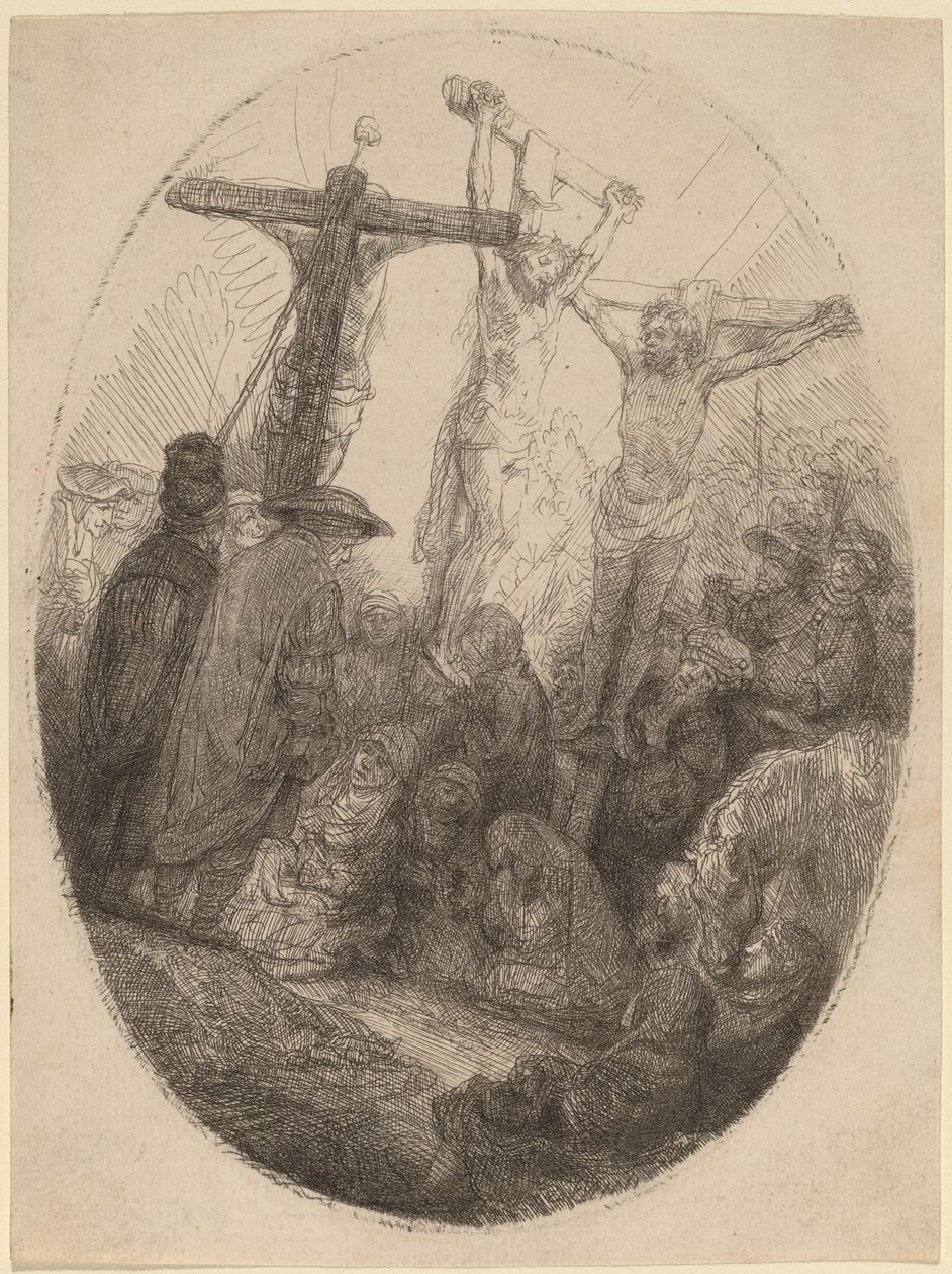 Christ Crucified between the Two Thieves: an Oval Plate by Rembrandt van Rijn