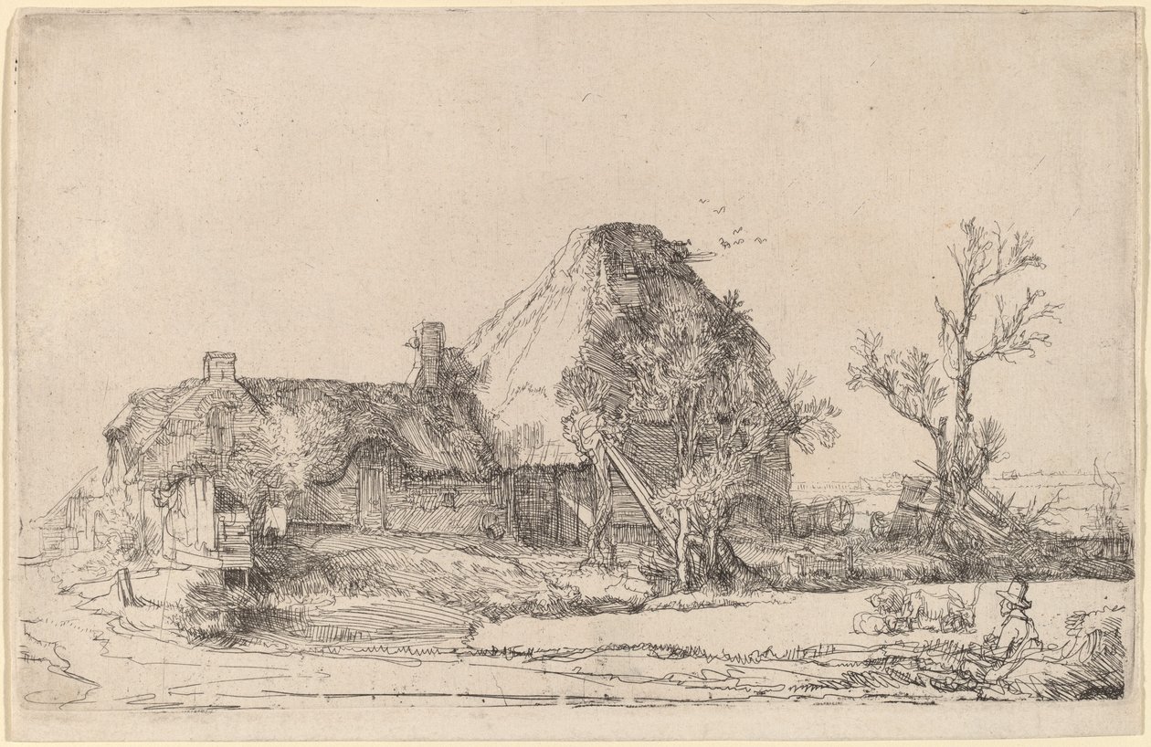 Cottages and Farm Buildings with a Man Sketching by Rembrandt van Rijn