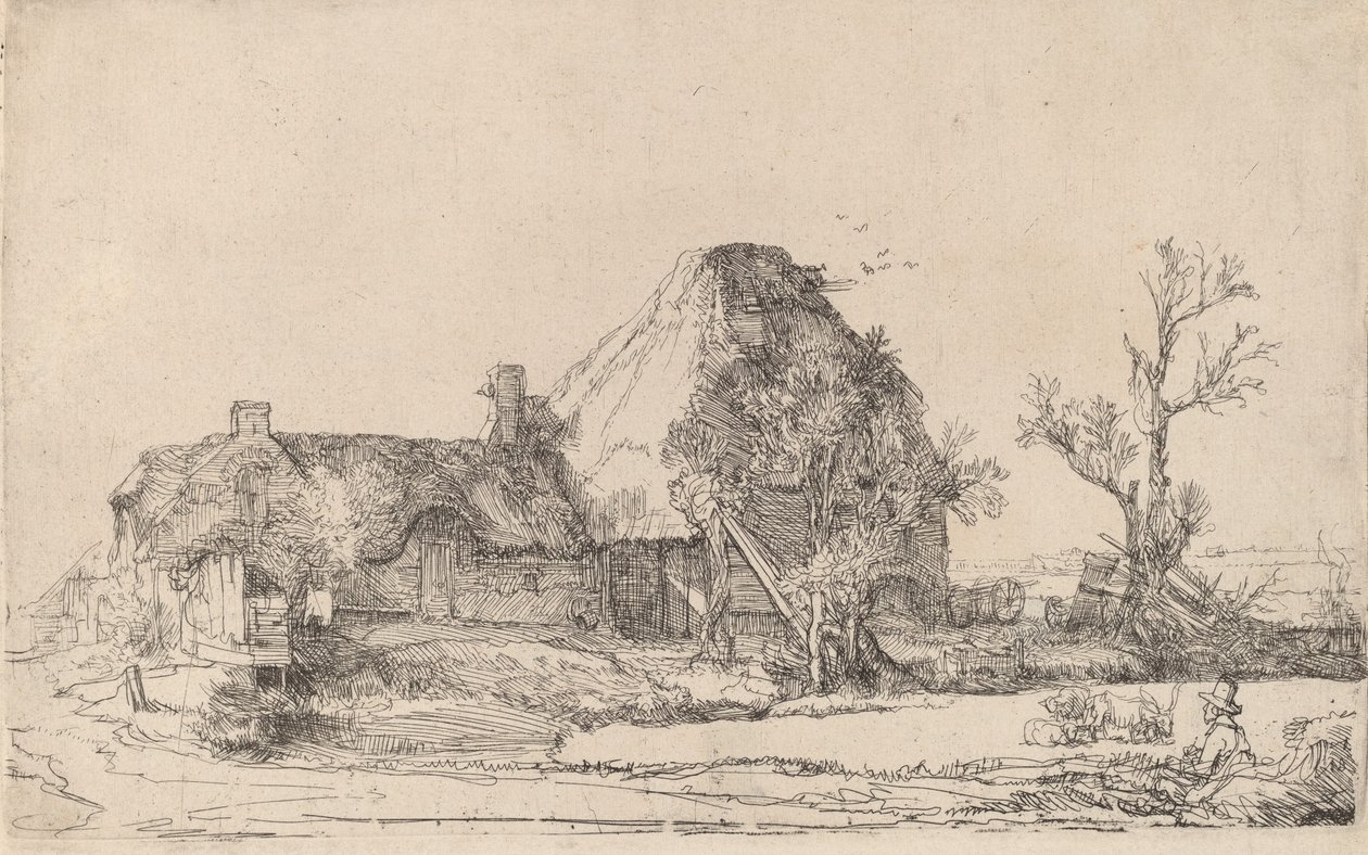 Cottages and Farm Buildings with a Man Sketching by Rembrandt van Rijn