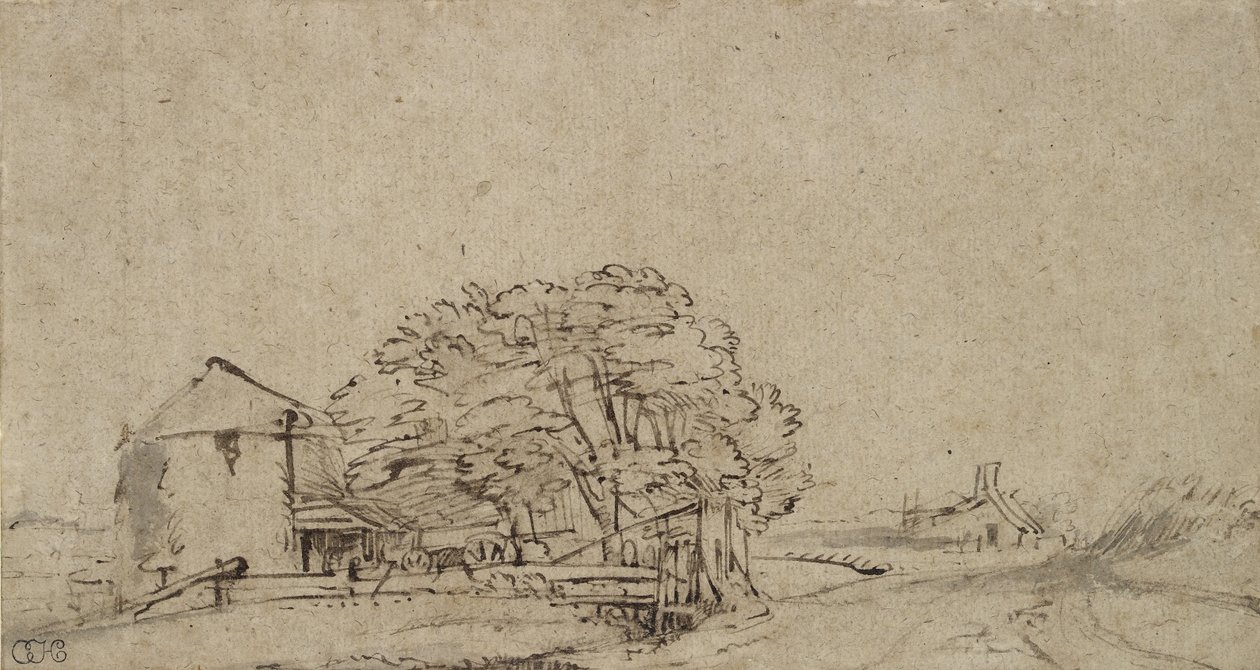 Farm Building Beside a Road with Distant Farmstead by Rembrandt van Rijn