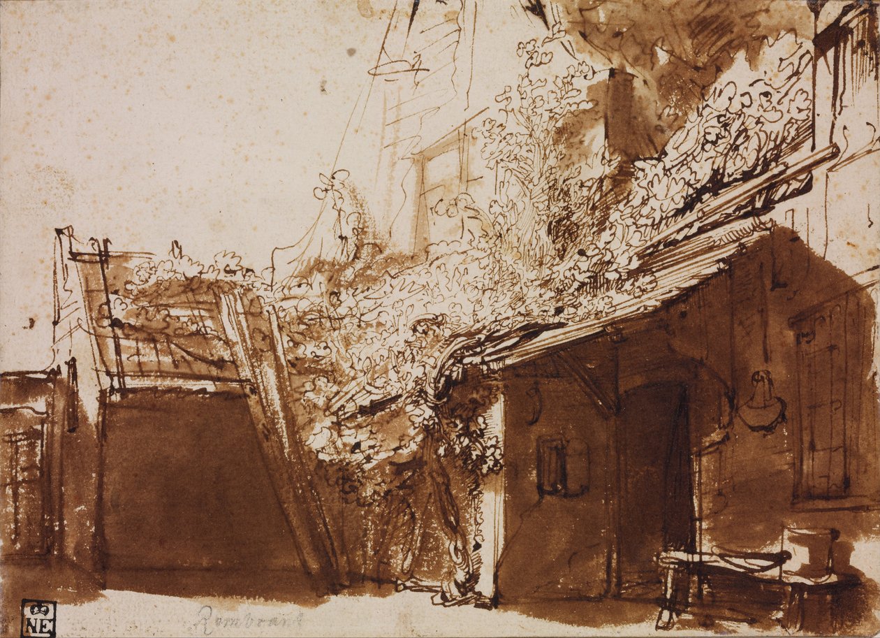Farmhouse in Light and Shadow by Rembrandt van Rijn