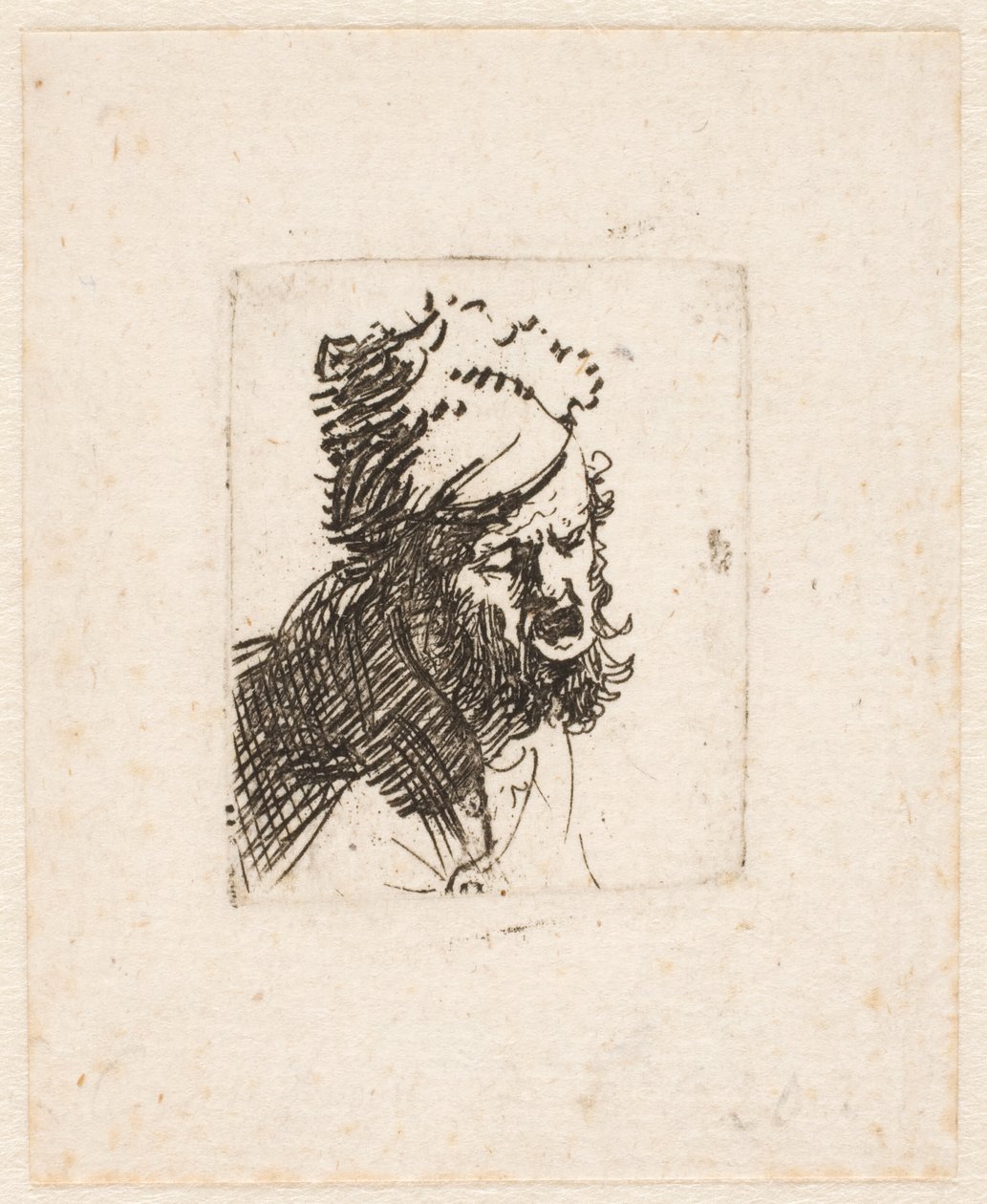 Head of a Man in a Fur Cap, Crying Out by Rembrandt van Rijn