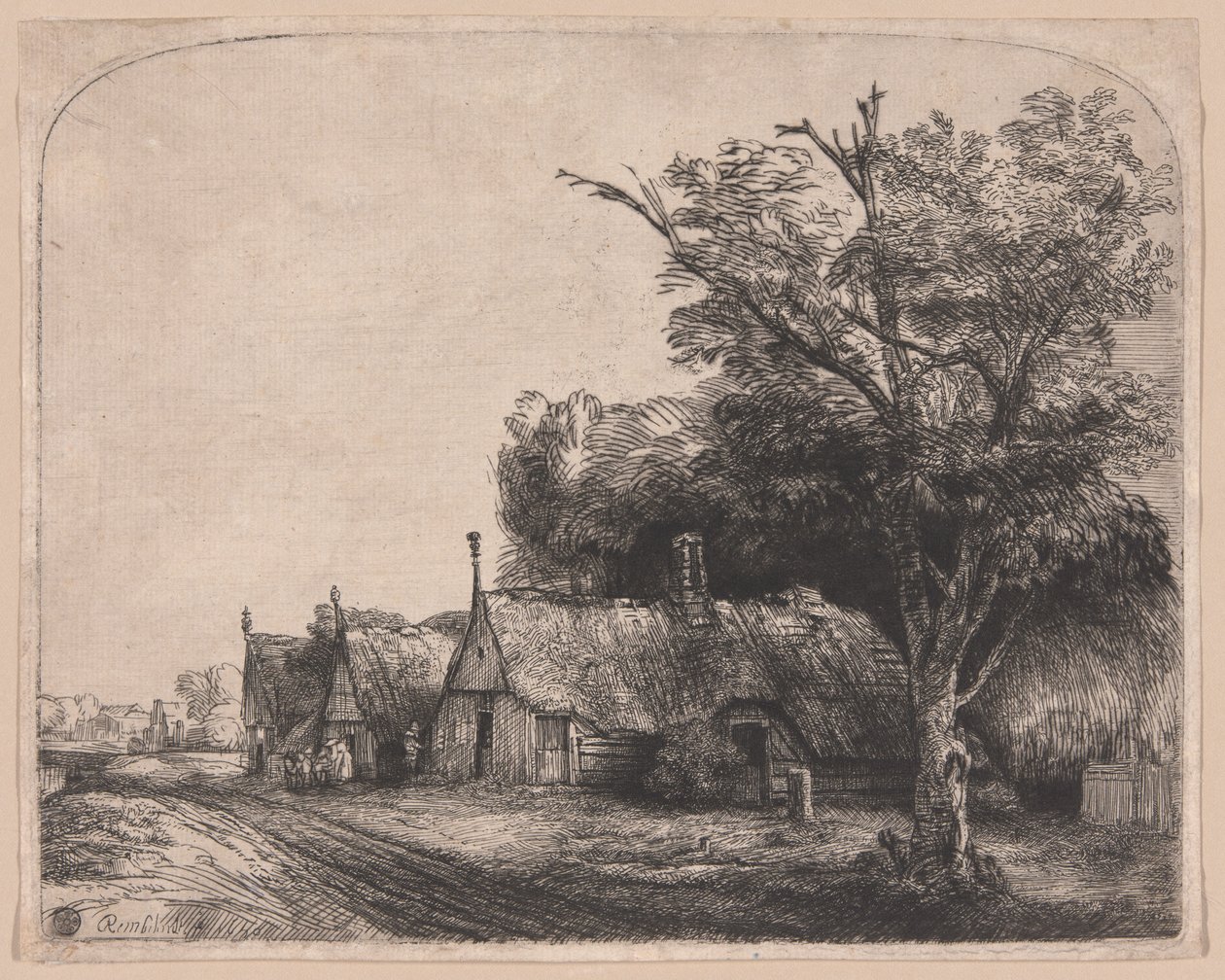 Landscape with Three Gabled Cottages Beside a Road by Rembrandt van Rijn