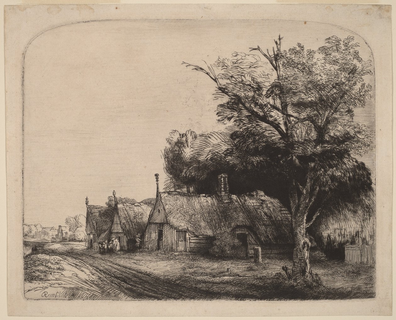 Landscape with Three Gabled Cottages Beside a Road by Rembrandt van Rijn