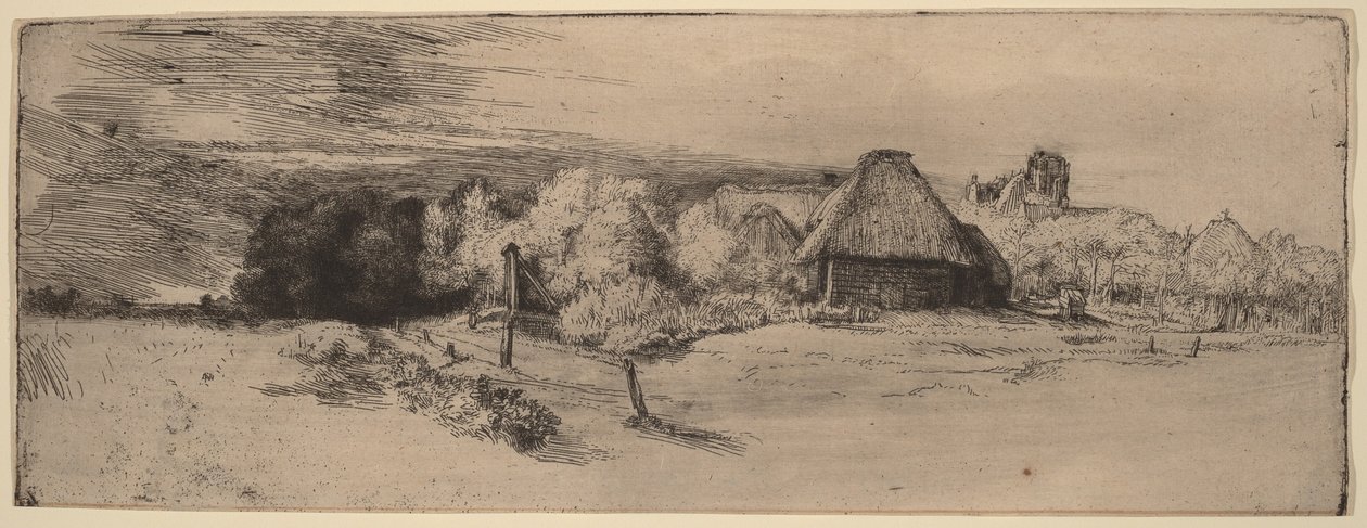 Landscape with Trees, Farm Buildings and a Tower by Rembrandt van Rijn
