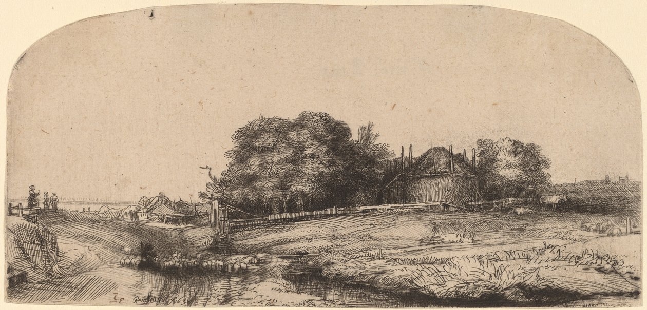 Landscape with a Hay Barn and a Flock of Sheep by Rembrandt van Rijn