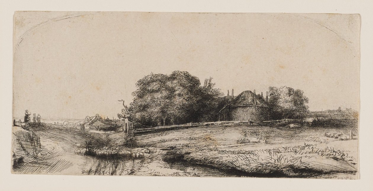 Landscape with a Hay Barn and a Flock of Sheep by Rembrandt van Rijn