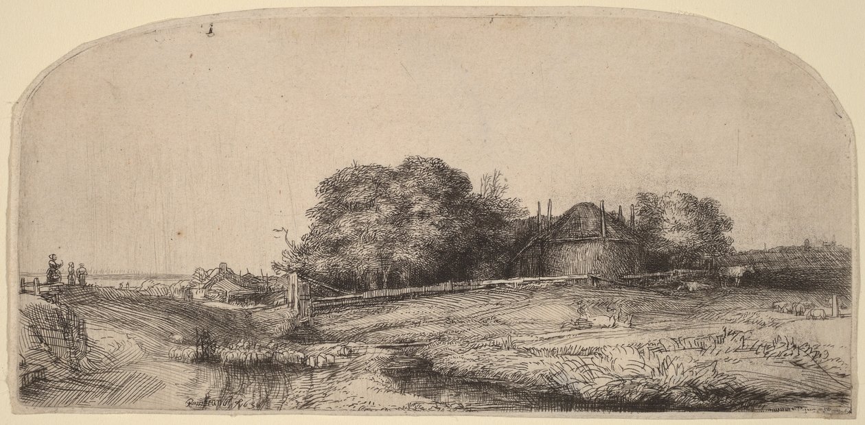 Landscape with a Hay Barn and a Flock of Sheep by Rembrandt van Rijn
