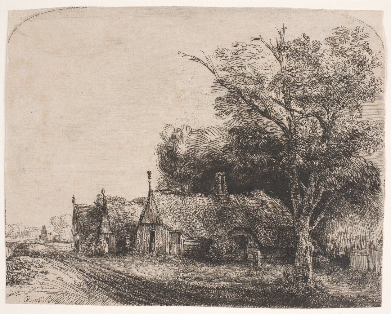Landscape with Three Gabled Cottages Beside a Road by Rembrandt van Rijn