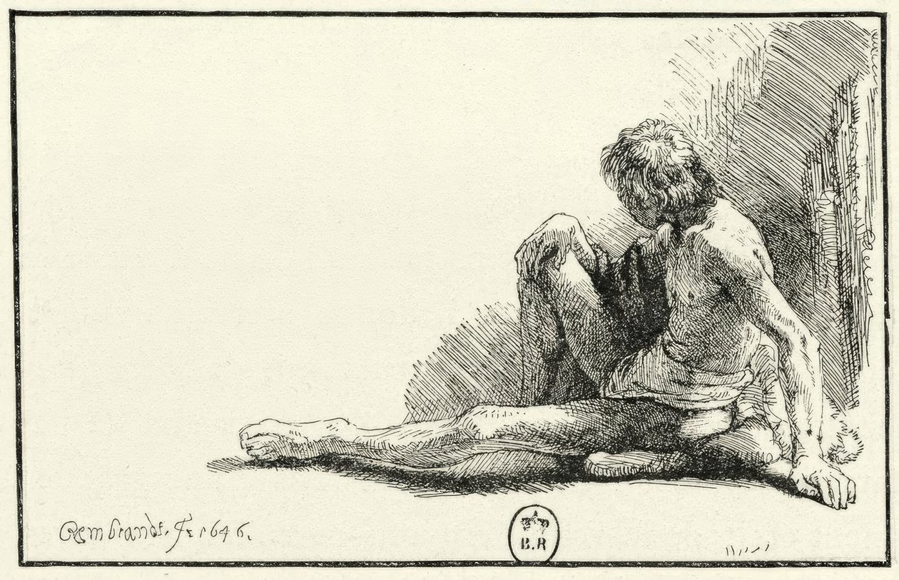 Male Nude, Sitting on the Ground by Rembrandt van Rijn