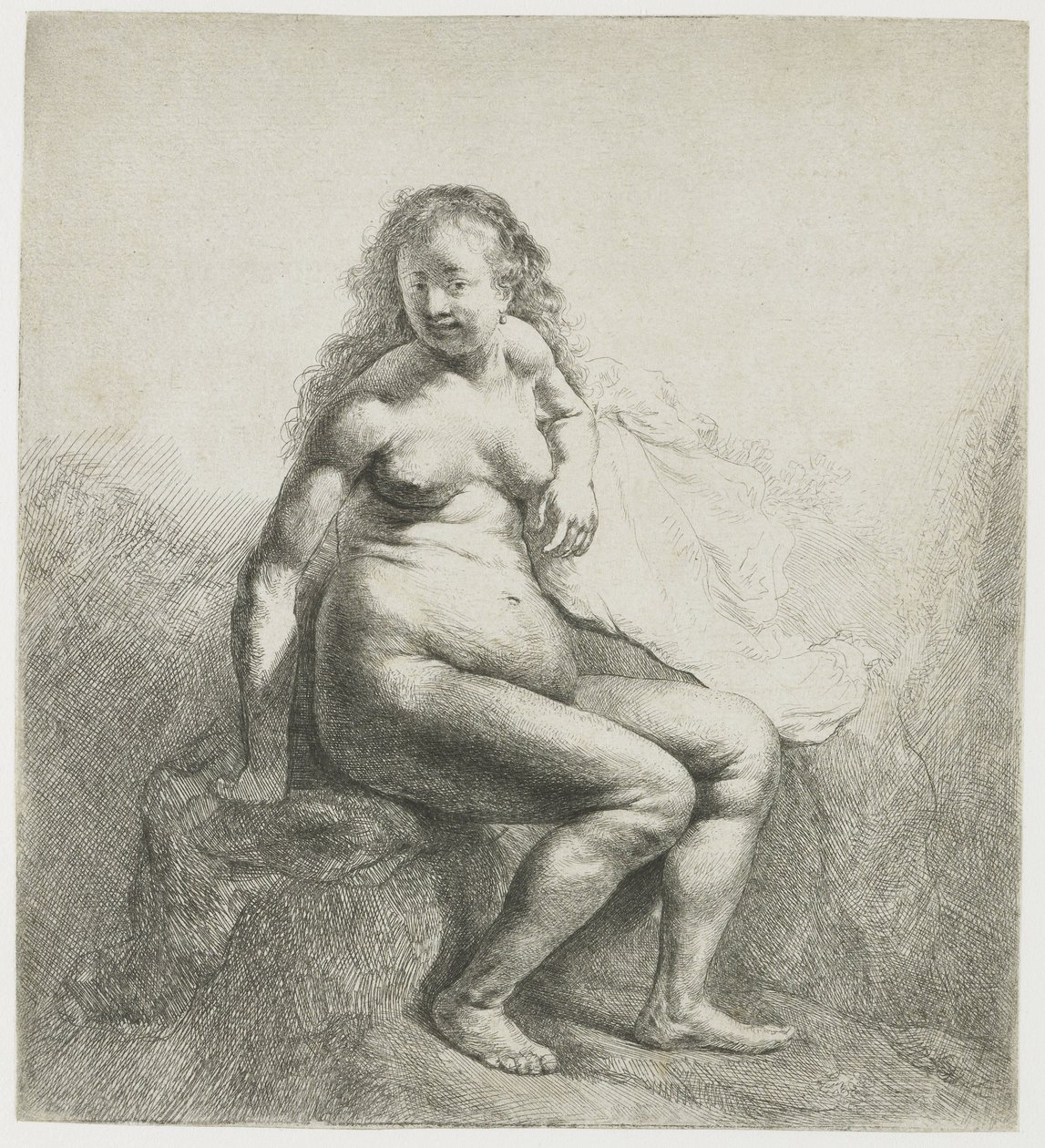 Naked woman on a mound by Rembrandt van Rijn
