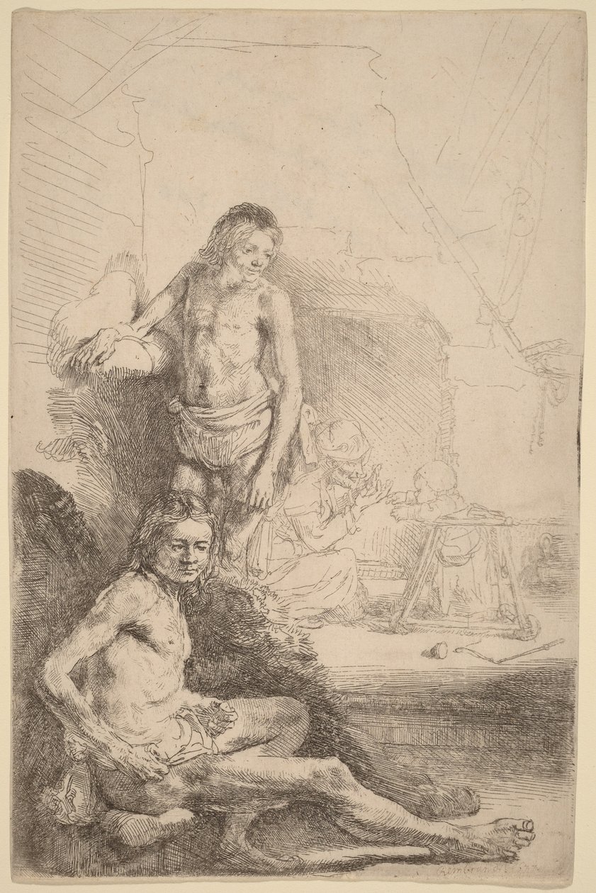 Nude Man Seated and Nude Man Standing, with a Woman and Baby in the Background by Rembrandt van Rijn