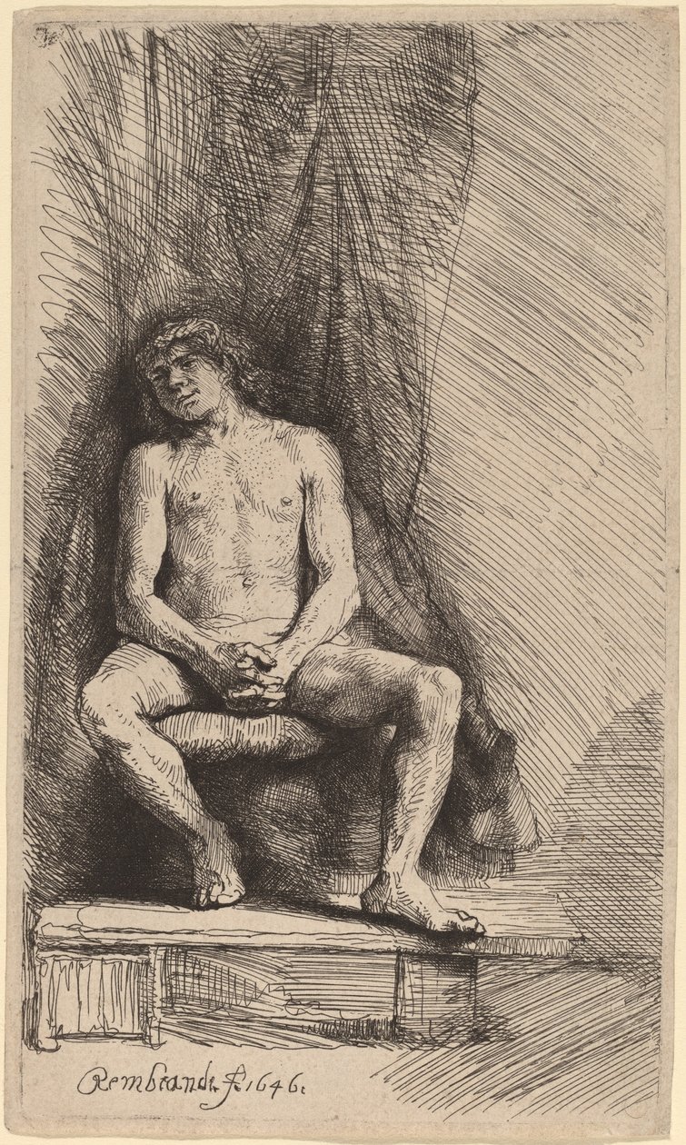 Nude Man Seated before a Curtain by Rembrandt van Rijn