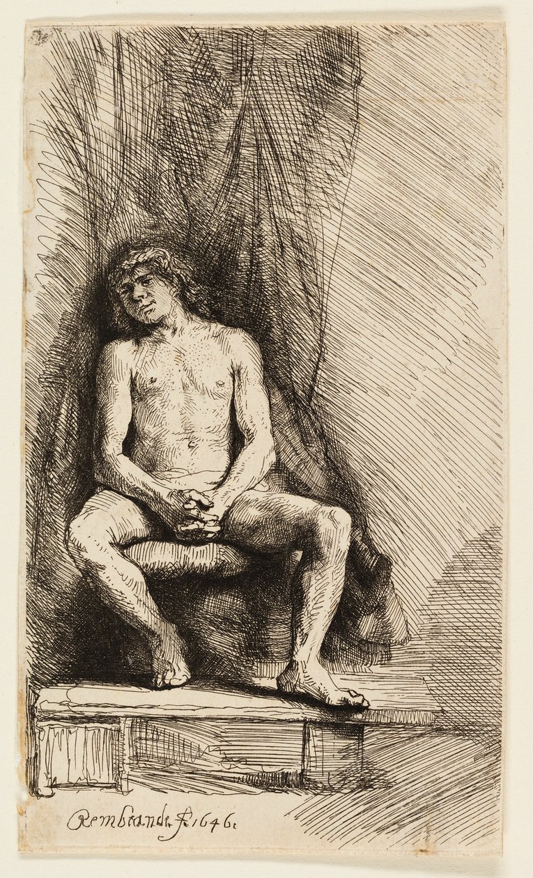 Nude Man Seated before a Curtain by Rembrandt van Rijn