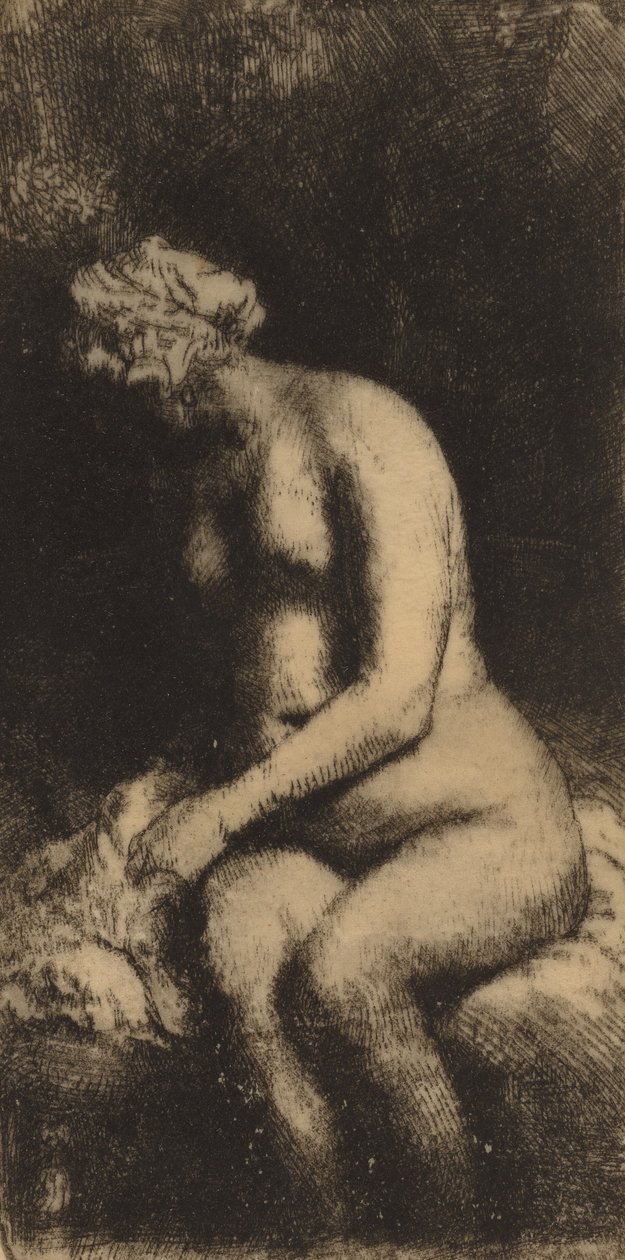 Nude Seated on a Bench with a Pillow Woman Bathing Her Feet at a Brook, 1658 by Rembrandt van Rijn