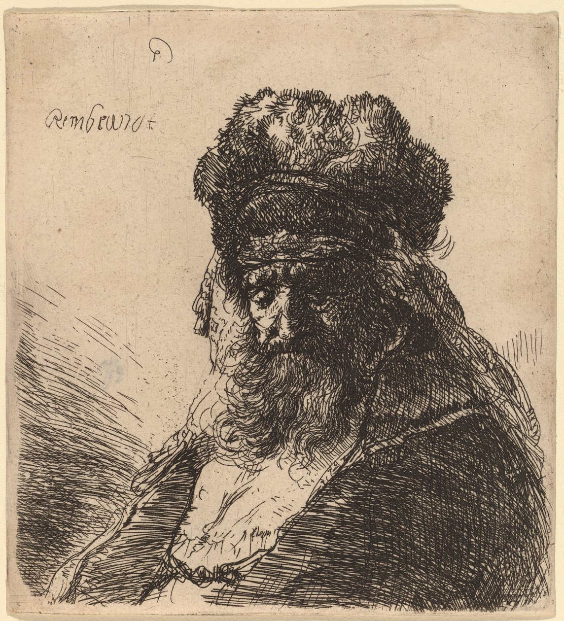 Old Bearded Man in a High Fur Cap, with Eyes Closed by Rembrandt van Rijn