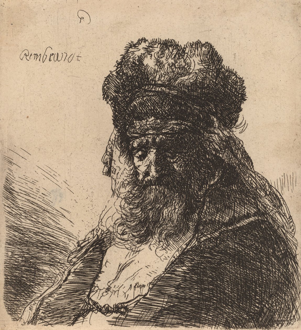 Old Bearded Man in a High Fur Cap, with Eyes Closed by Rembrandt van Rijn
