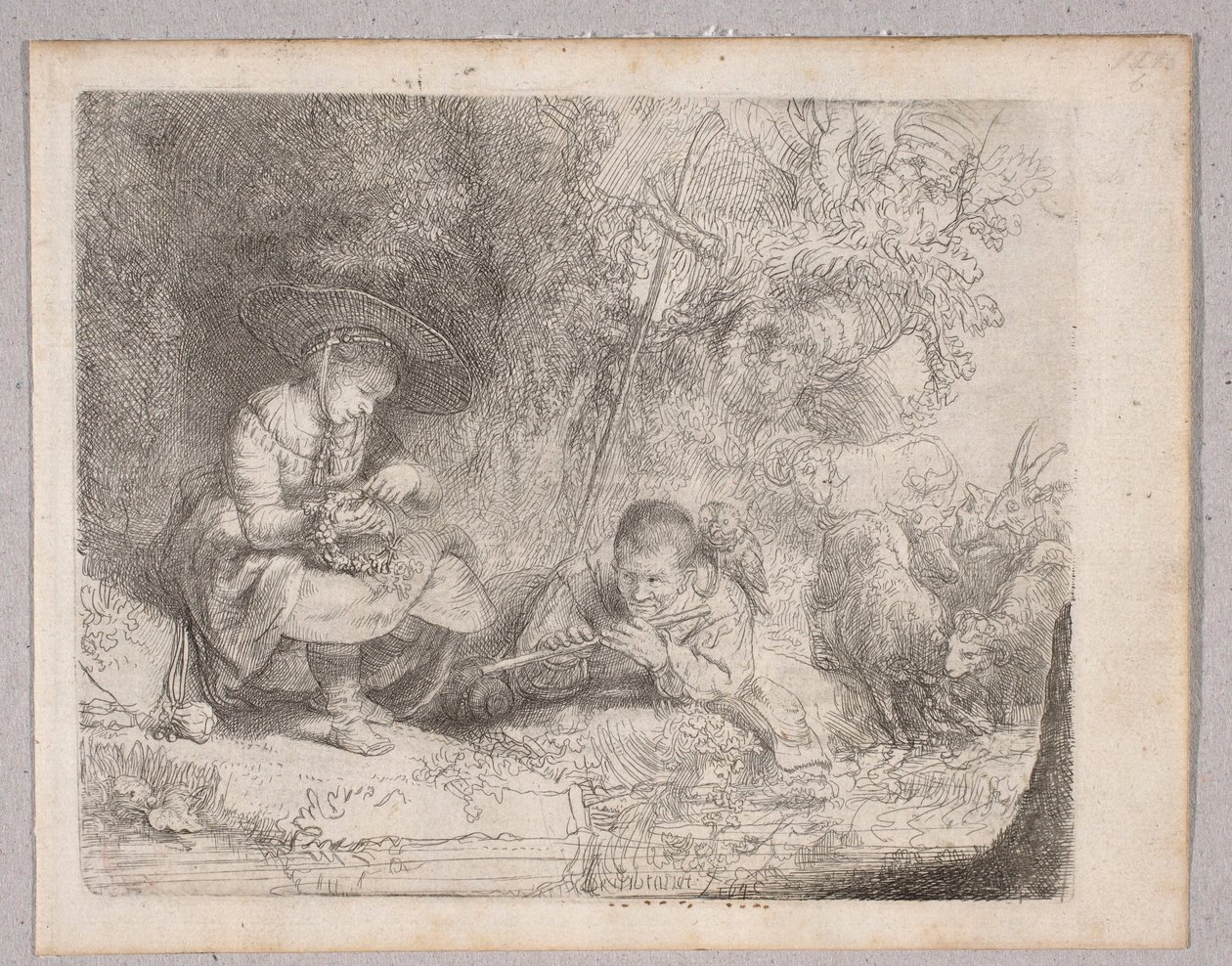 Shepherd Playing the Flute (View of Omval with Shepherdess and Flute Player) by Rembrandt van Rijn
