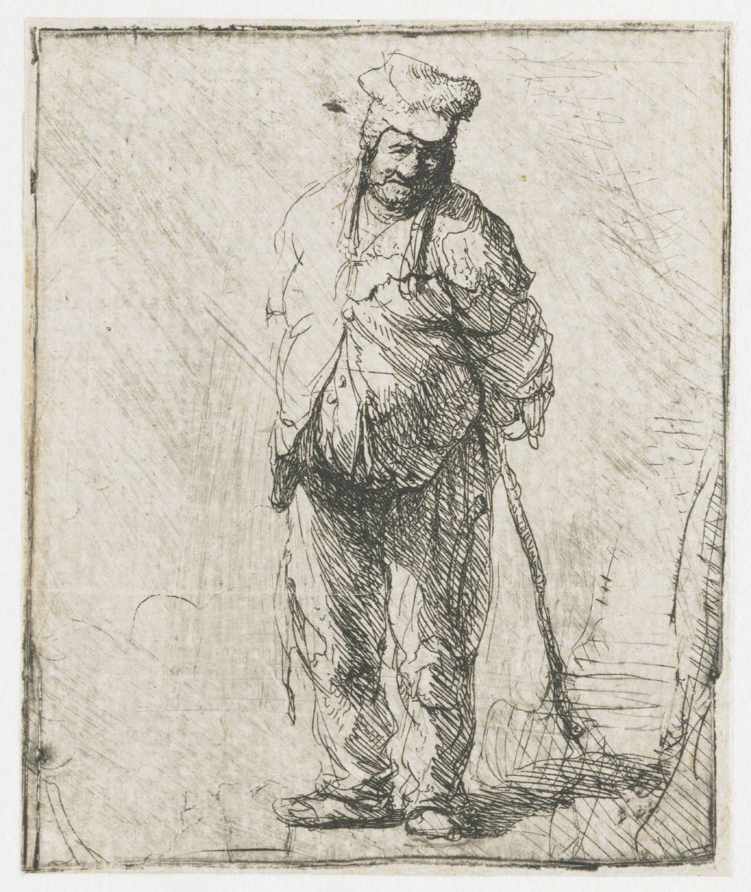 Ragged Peasant with His Hands Behind Him, Holding a Stick by Rembrandt van Rijn