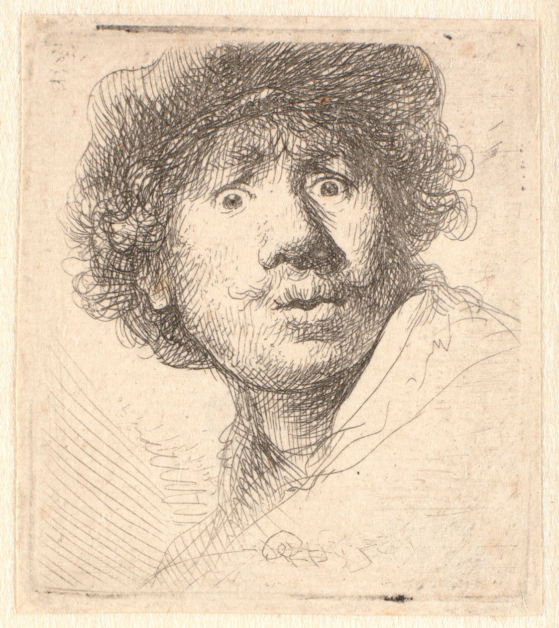 Rembrandt in a Cap, Open-Mouthed and Staring: Bust in Outline by Rembrandt van Rijn
