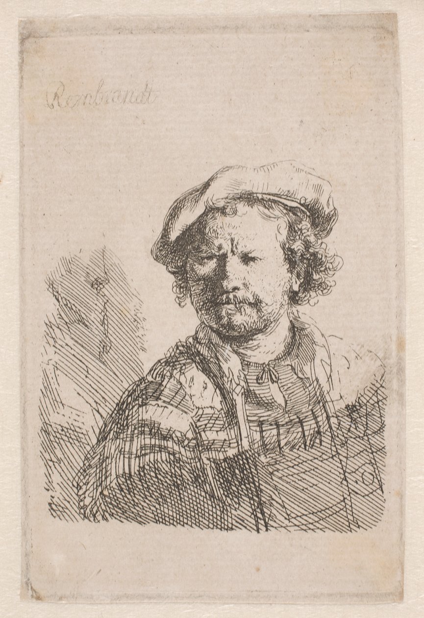 Rembrandt in a Flat Cap with a Shawl About His Shoulders by Rembrandt van Rijn