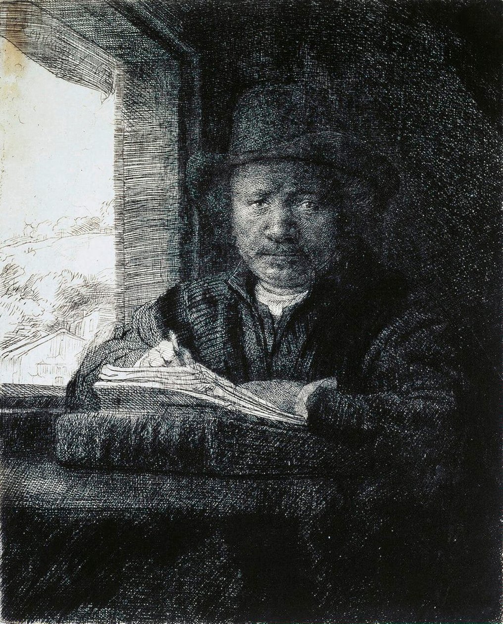 Self-Portrait Drawing by a Window by Rembrandt van Rijn