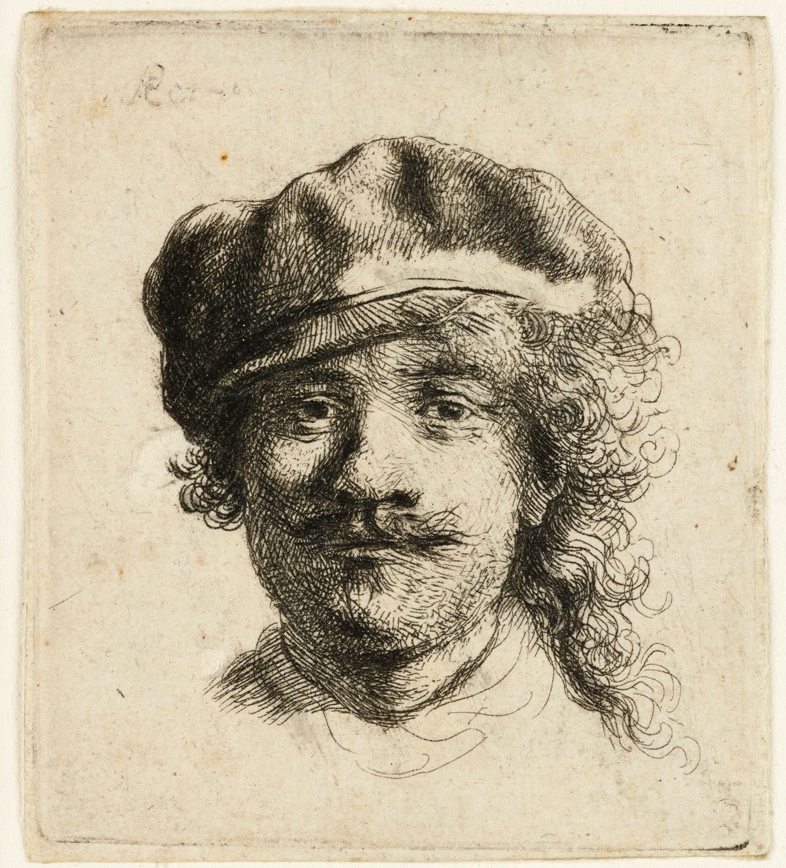 Self-portrait wearing a soft cap: full face, head only by Rembrandt van Rijn