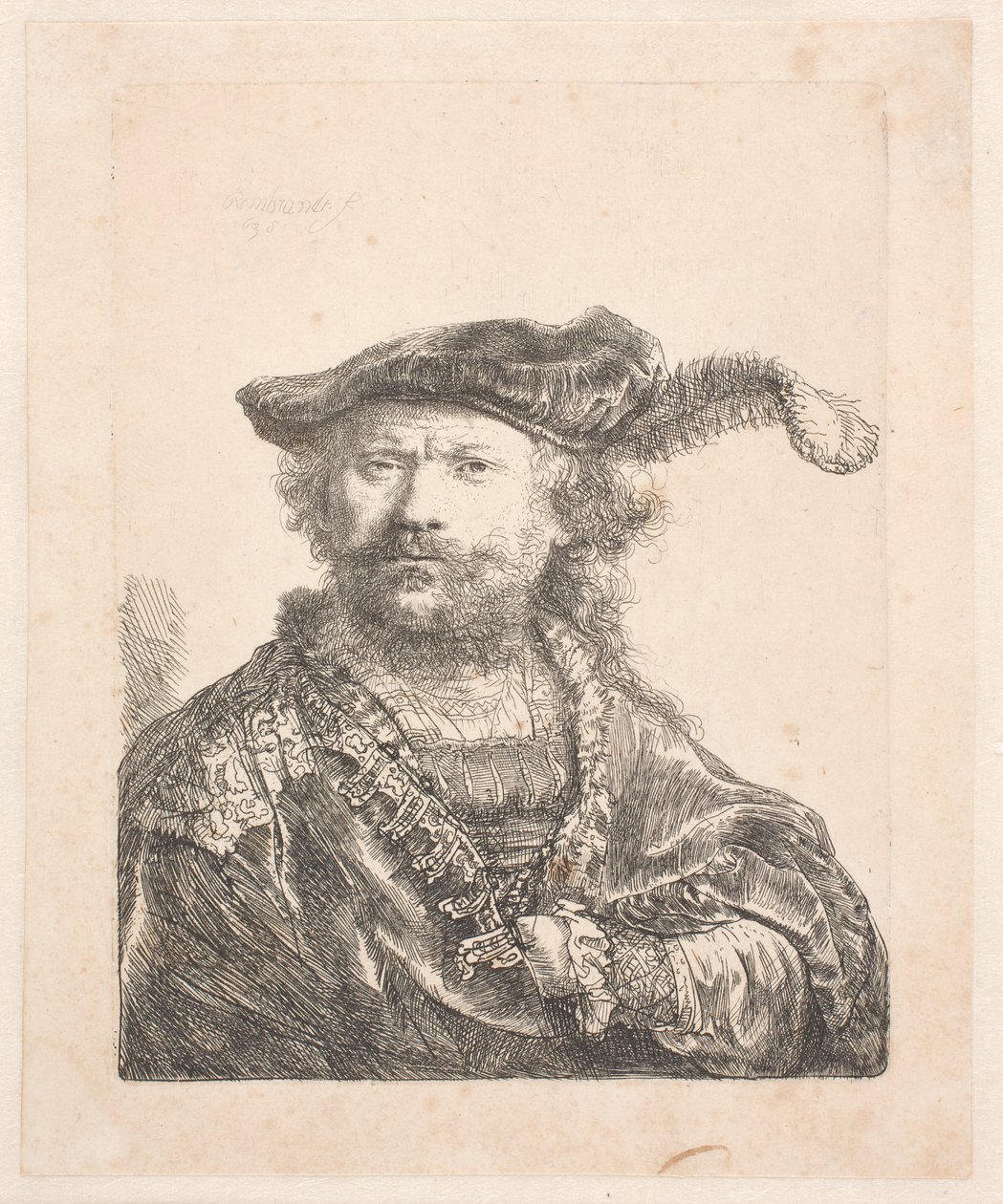 Self-portrait in Velvet Cap and Plume, with an Embroidered Dress: Bust by Rembrandt van Rijn