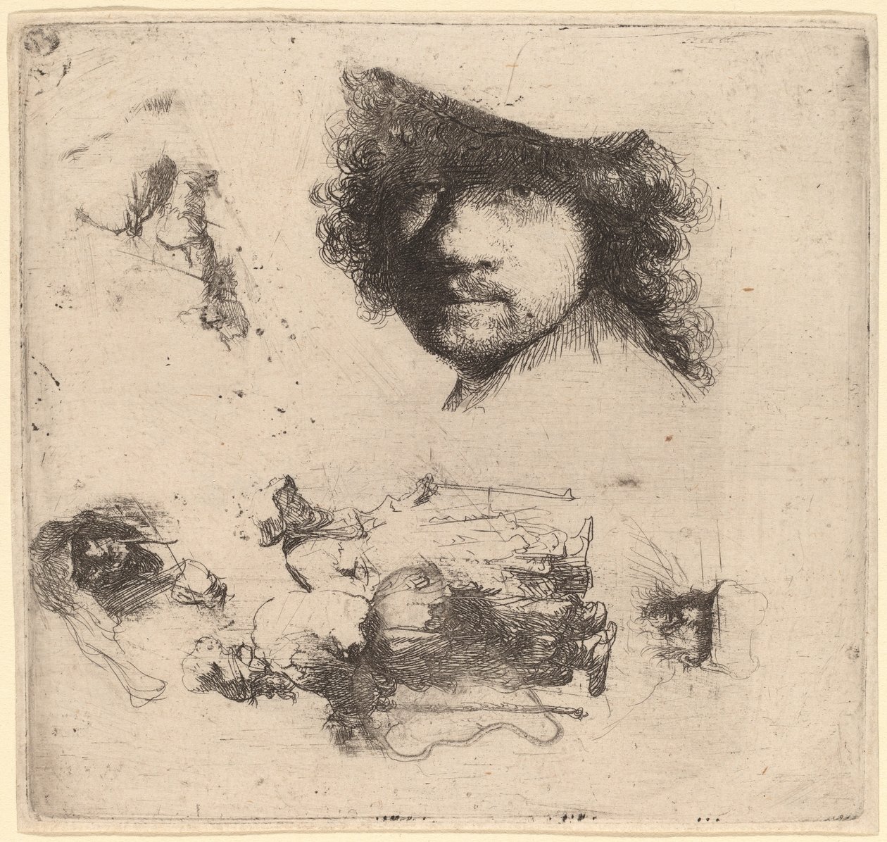 Sheet of Studies including Head of the Artist, a Beggar Couple, Heads of an Old Man and Old Woman by Rembrandt van Rijn