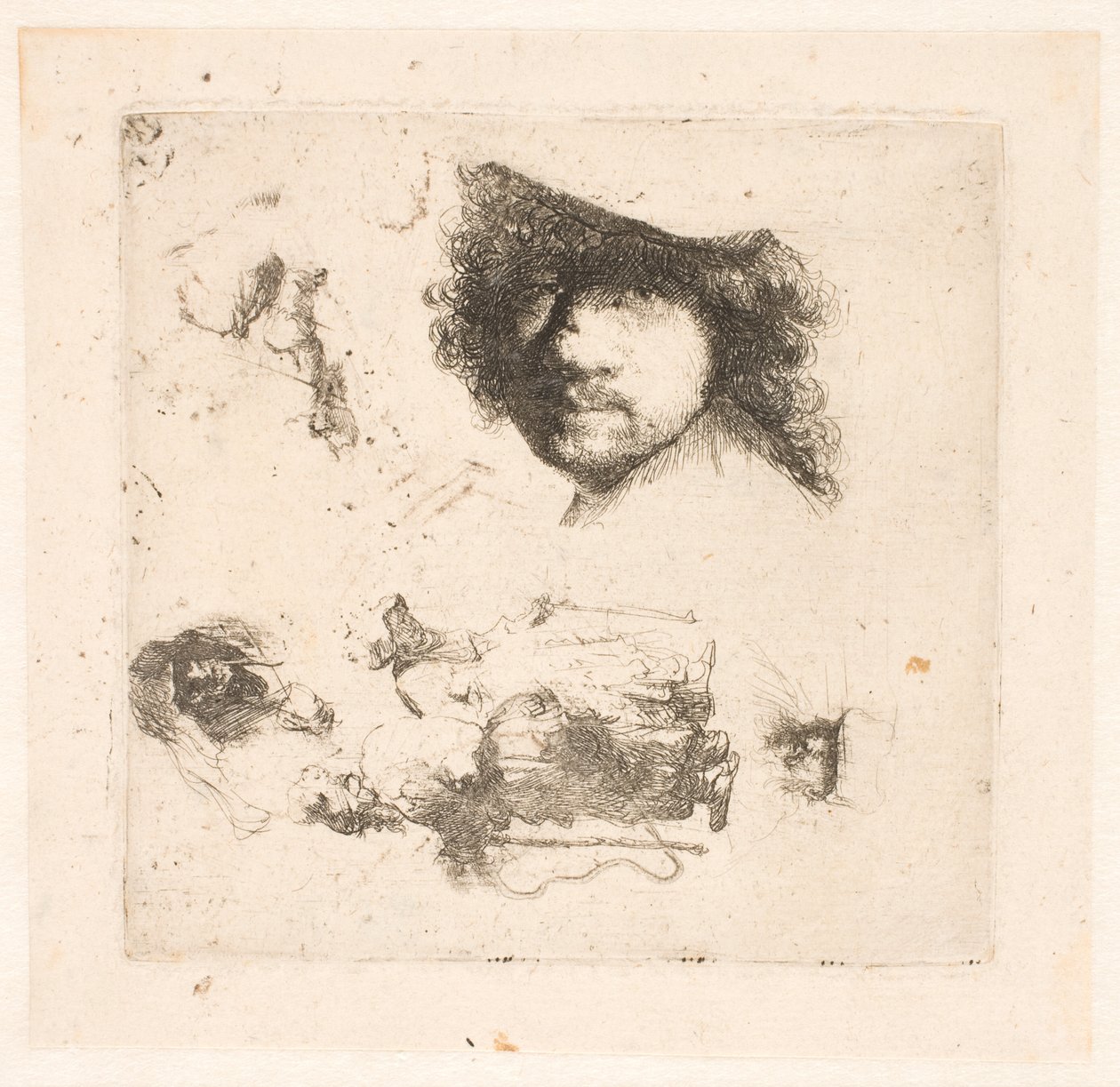 Sheet of Studies: Head of Rembrandt, Beggar Couple, Heads of Old Man and Old Woman, etc. by Rembrandt van Rijn