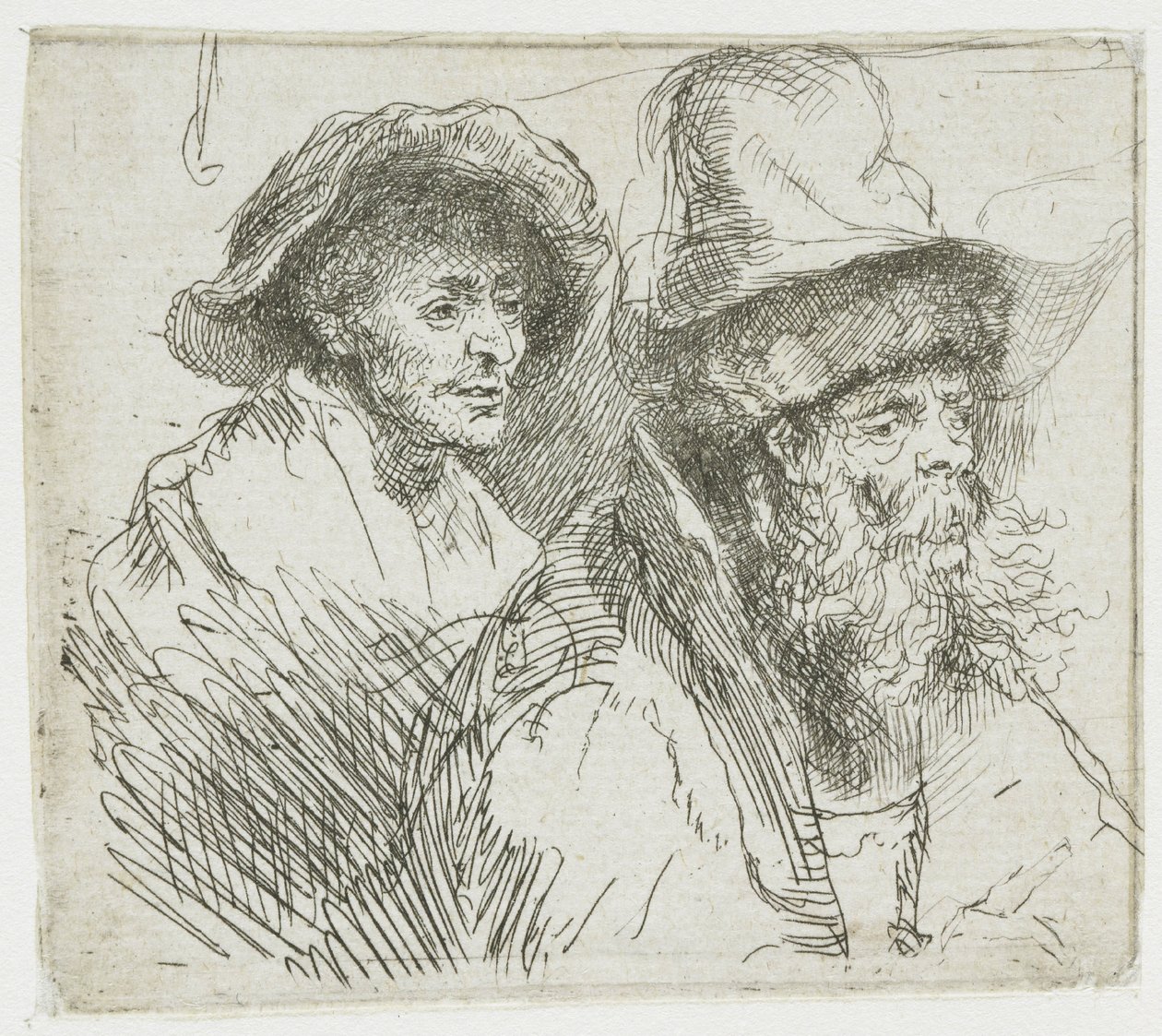 Sheet of Studies, with a Woman Lying Ill in Bed: Busts of Two Male Figures by Rembrandt van Rijn