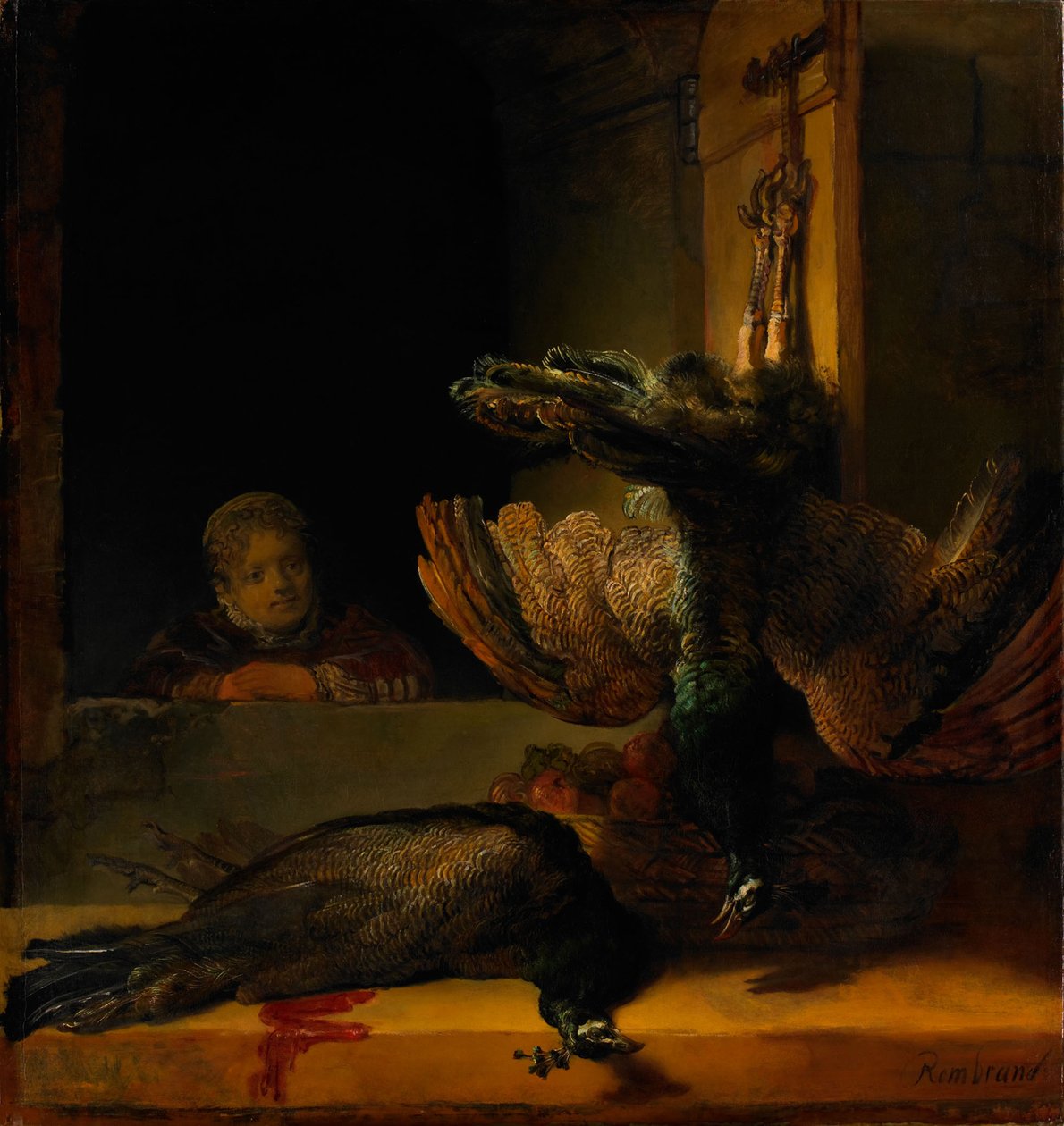 Still Life with Two Peacocks and a Girl by Rembrandt van Rijn