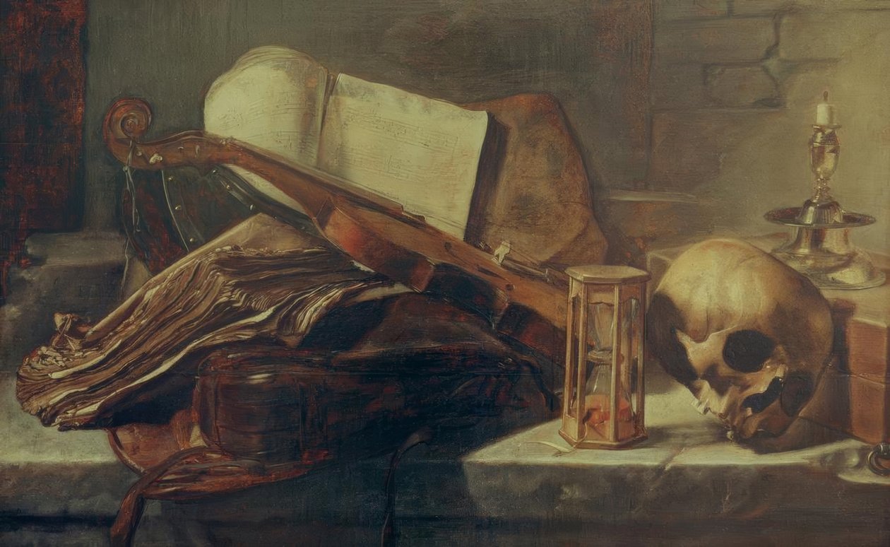 Still Life with Books, Violin, Skull, and Hourglass by Rembrandt van Rijn