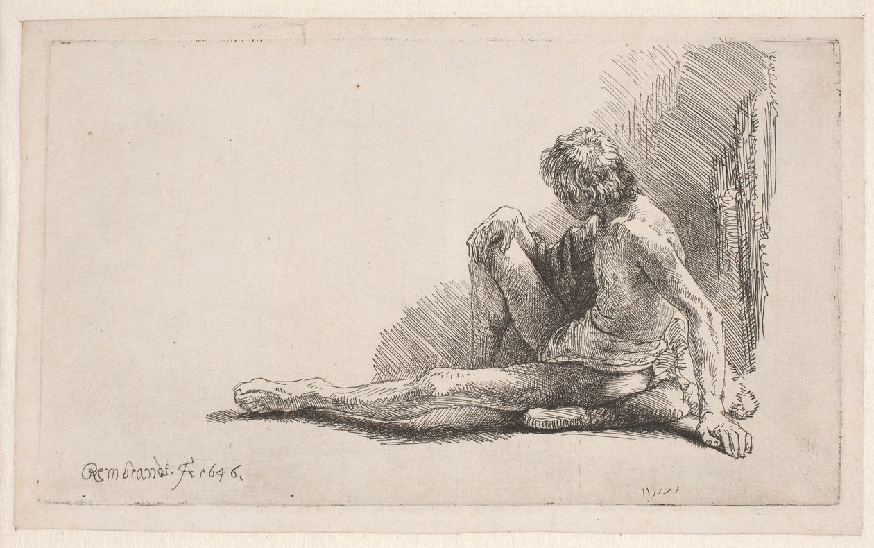 Study from the Nude: Man Seated on the Ground with One Leg Extended by Rembrandt van Rijn