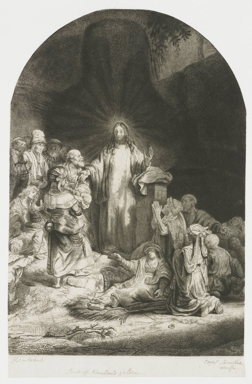 The Hundred Guilder Print: Central Piece with Christ Preaching by Rembrandt van Rijn