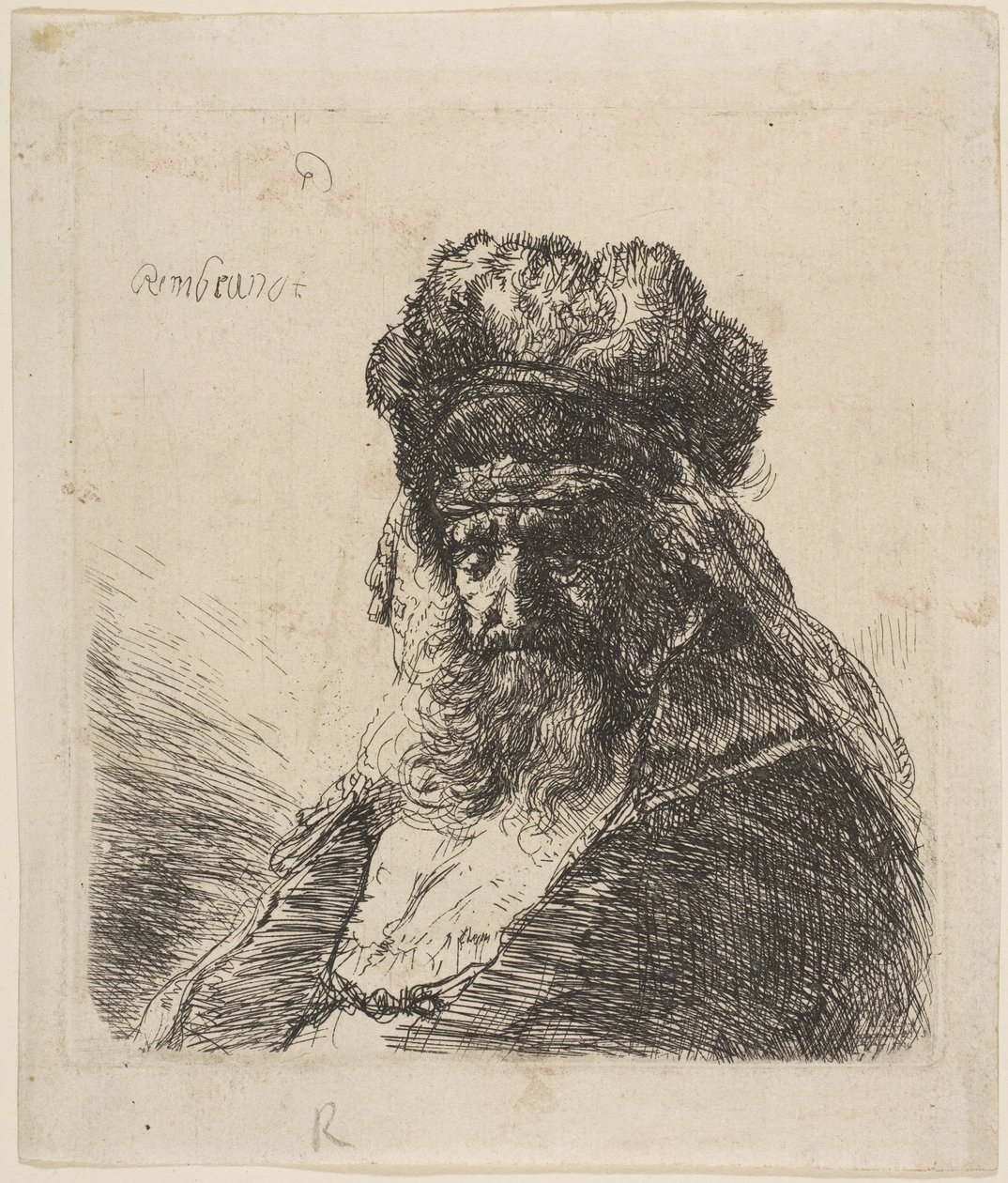 The Old Bearded Man in a High Fur Cap, with Eyes Closed by Rembrandt van Rijn