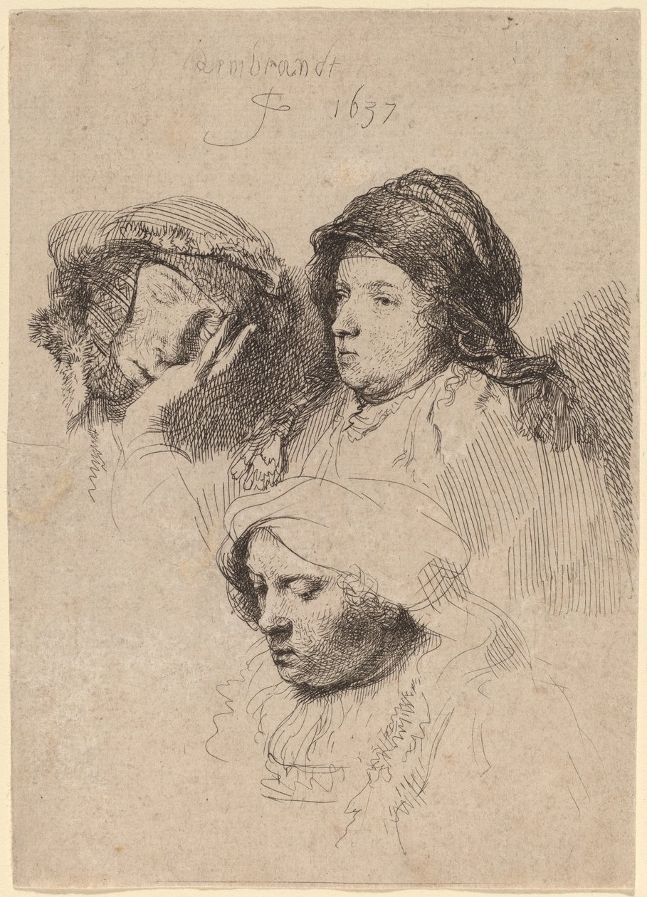 Three Heads of Women, One Asleep by Rembrandt van Rijn