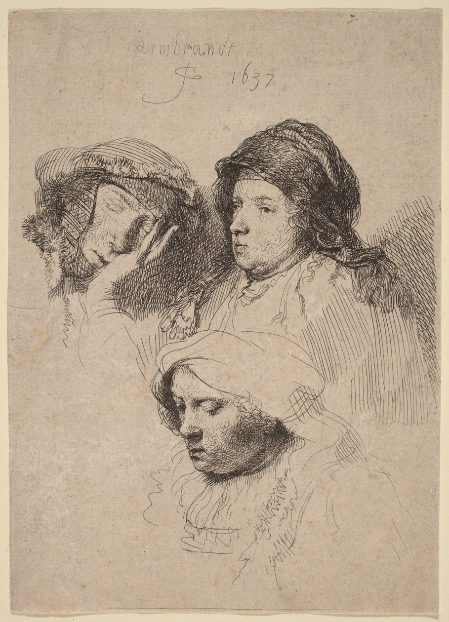 Three Heads of Women, One Asleep by Rembrandt van Rijn