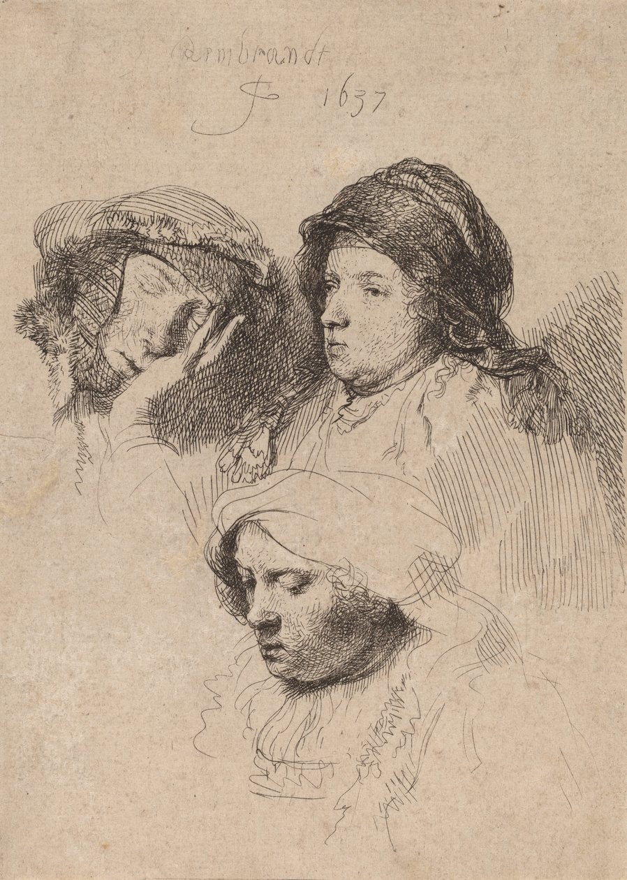 Three Heads of Women, One Asleep by Rembrandt van Rijn