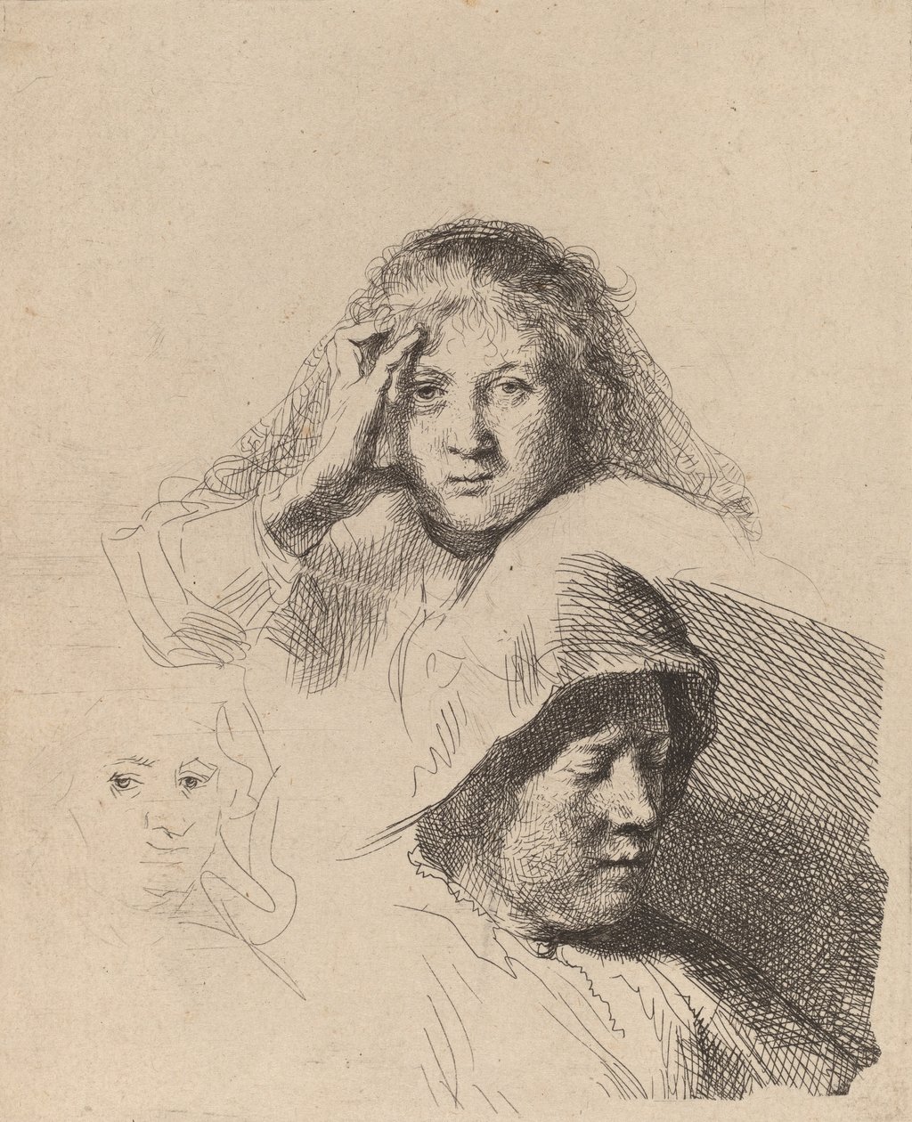 Three Heads of Women, One Lightly Etched, c. 1637 by Rembrandt van Rijn