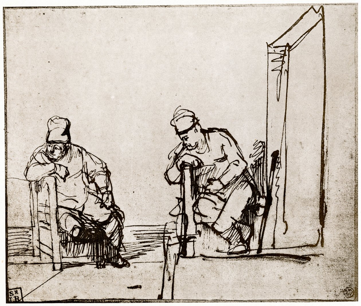 Two Men Seated at a Doorway by Rembrandt van Rijn