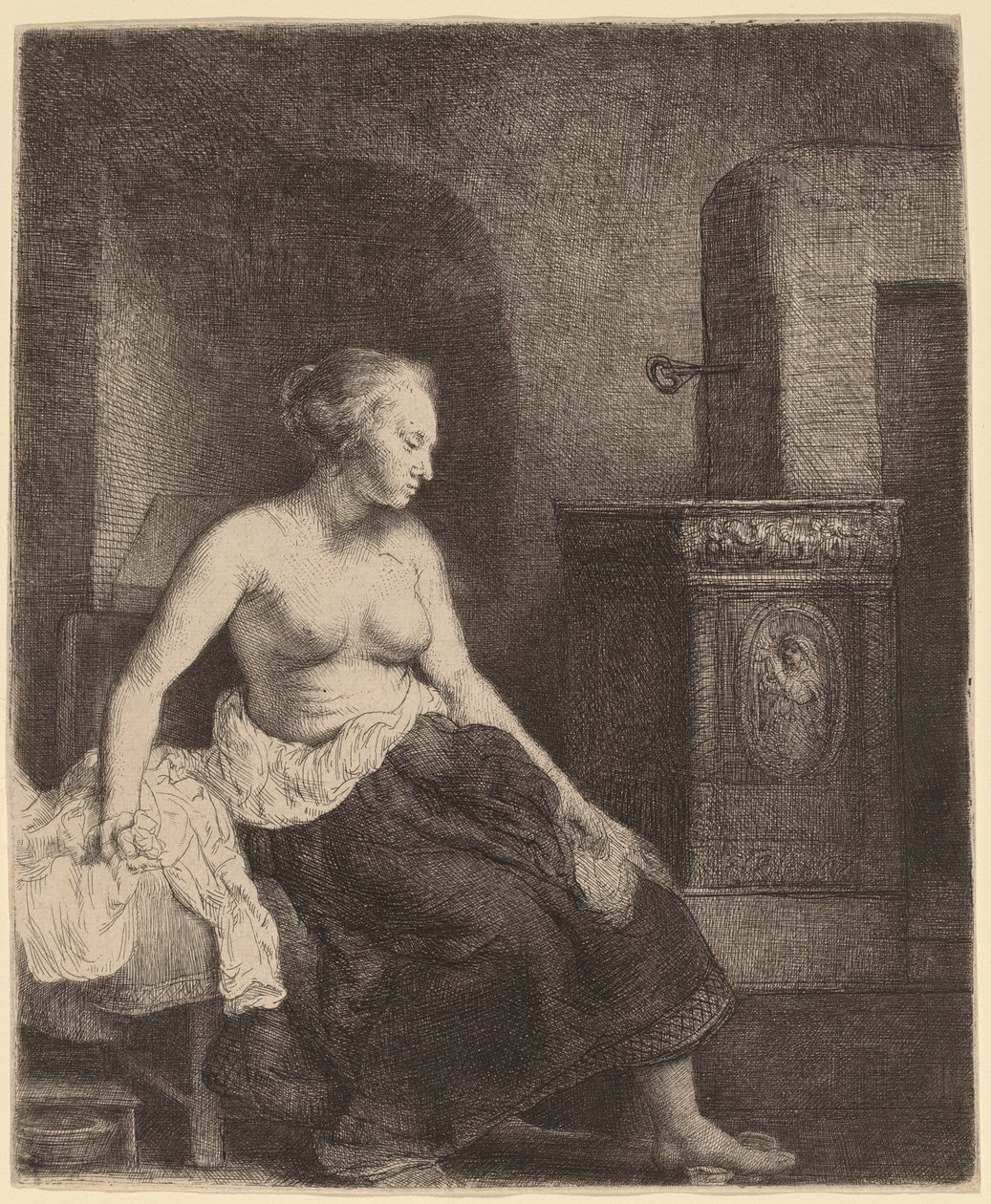 Woman Sitting Half Dressed beside a Stove by Rembrandt van Rijn