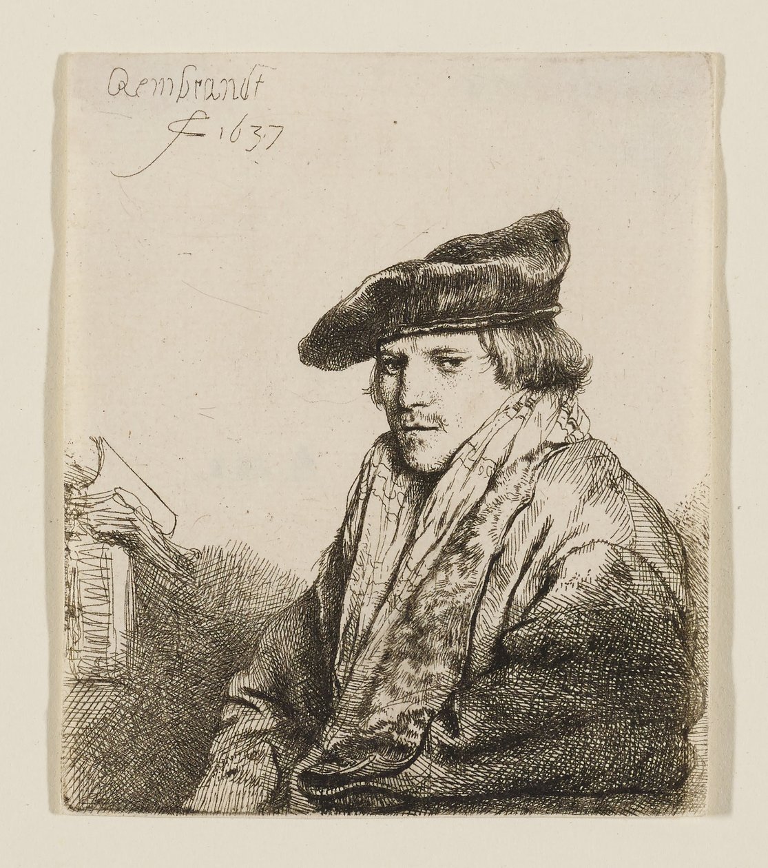 Young Man in a Velvet Cap with Books Beside Him by Rembrandt van Rijn