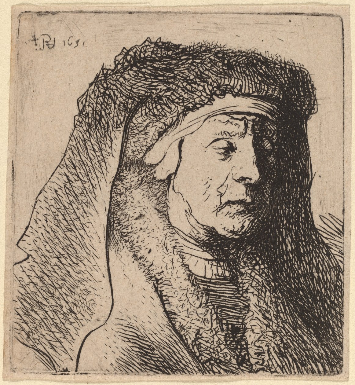 Bust of an Old Woman in a Furred Cloak and Heavy Headdress by Rembrandt van Rijn and Studio of Rembrandt