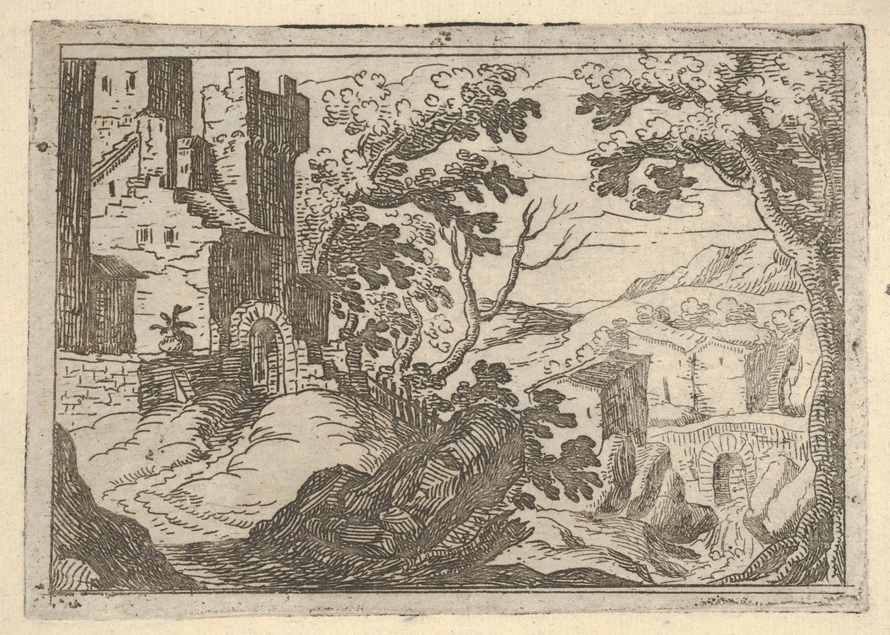 Landscape with buildings to the left and a bridge at right below by Remigio Cantagallina