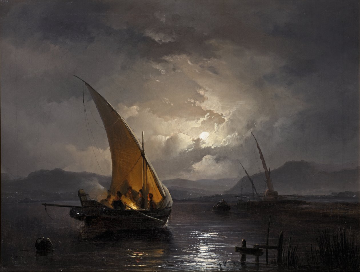 A night landscape with a sailboat where a fire is being lit, after 1860 by Remigius van Haanen